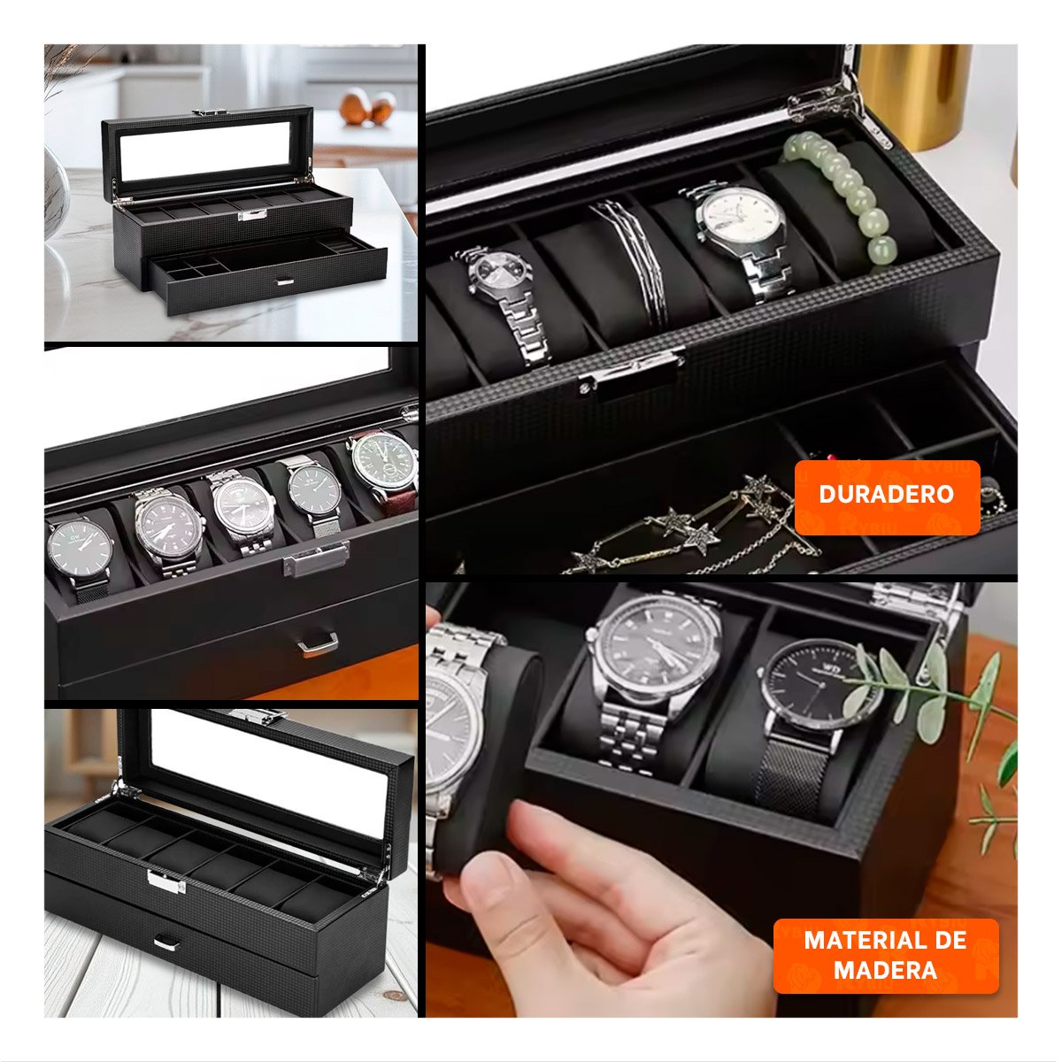 PACK2 PROTECTOR PORTA RELOJES Y ACCESORIOS NEGRO 2 NIVELES COMPLETO Y+PAPEL REGALO - 3