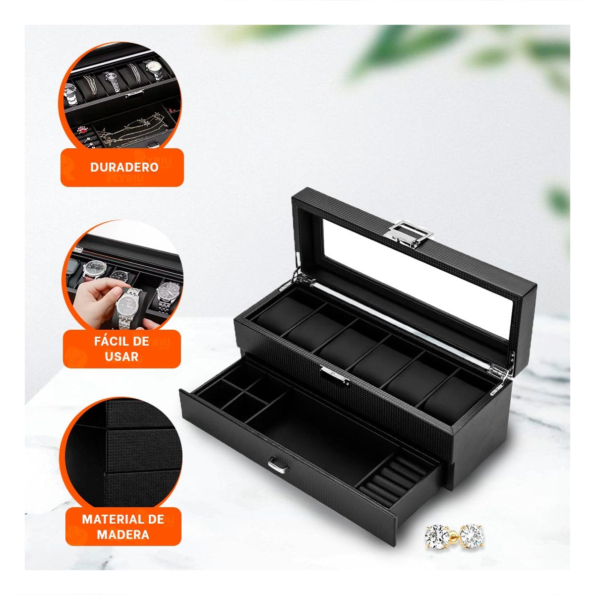 PACK2 PROTECTOR PORTA RELOJES Y ACCESORIOS NEGRO 2 NIVELES COMPLETO Y+PAPEL REGALO - 5