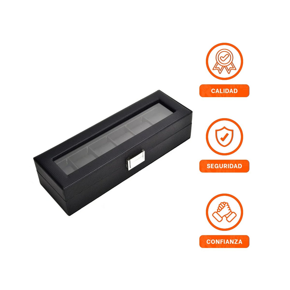CAJA PARA 6 RELOJES NEGRO CON TAPA VISIBLE COMPLETO - 3
