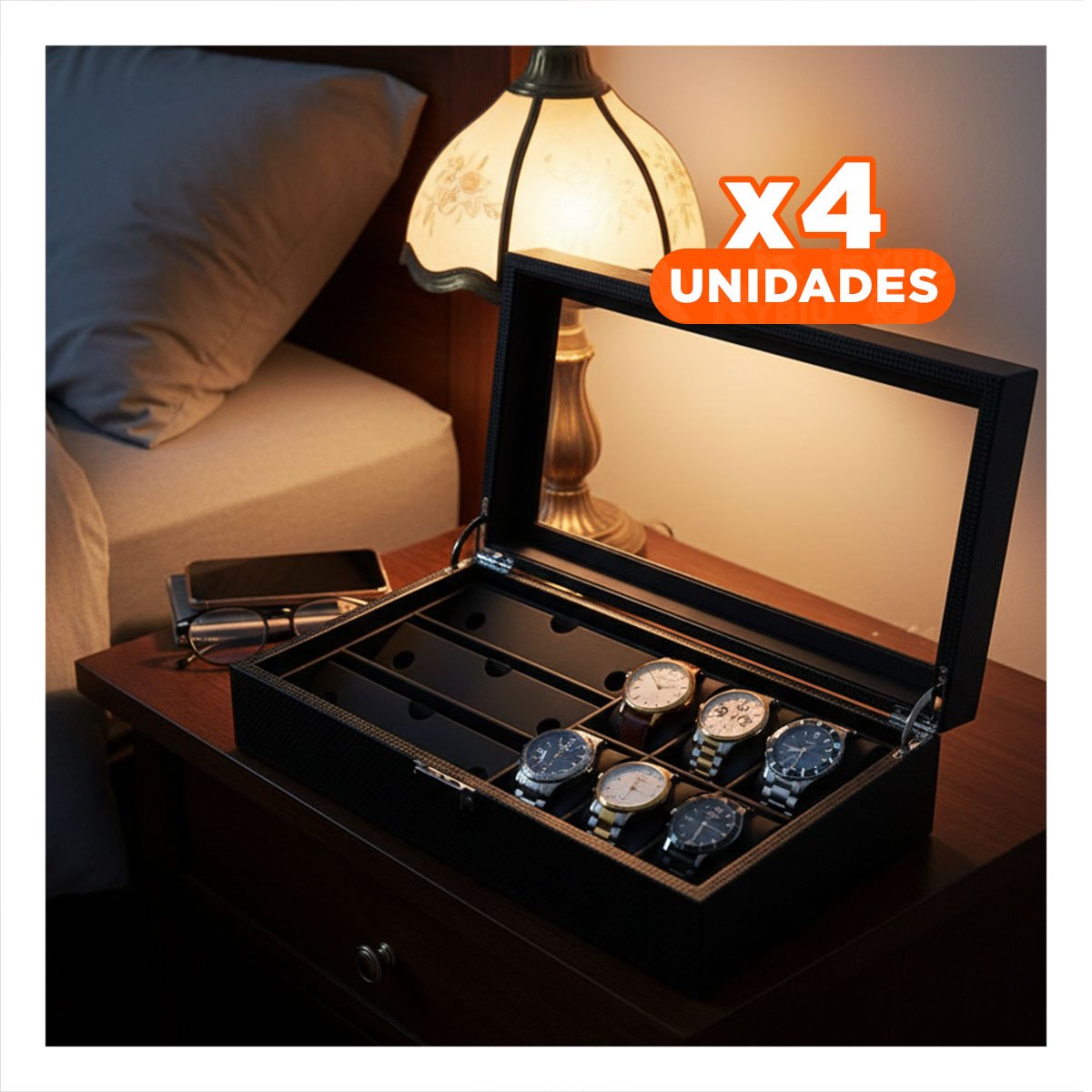 PACK4 EXHIBIDOR PARA 6 RELOJES Y 3 LENTES NEGRO COMPLETO CON TAPA VISIBLE - 1