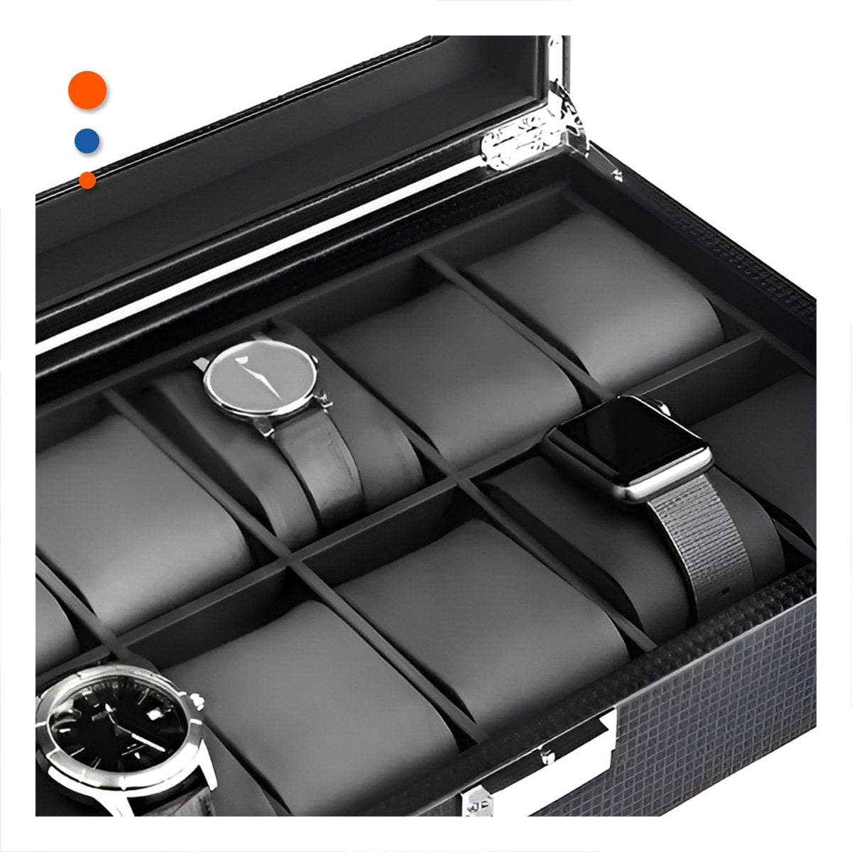 ESTUCHE DE 12 RELOJES NEGRO COMPLETO CON BASE FIRME - 1