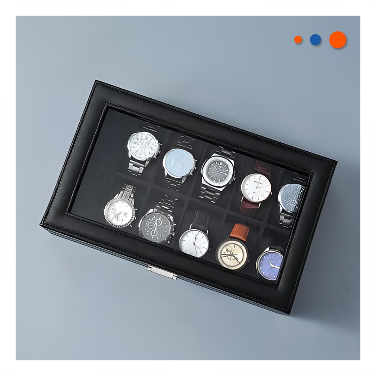 ESTUCHE DE 12 RELOJES NEGRO COMPLETO CON BASE FIRME - 2
