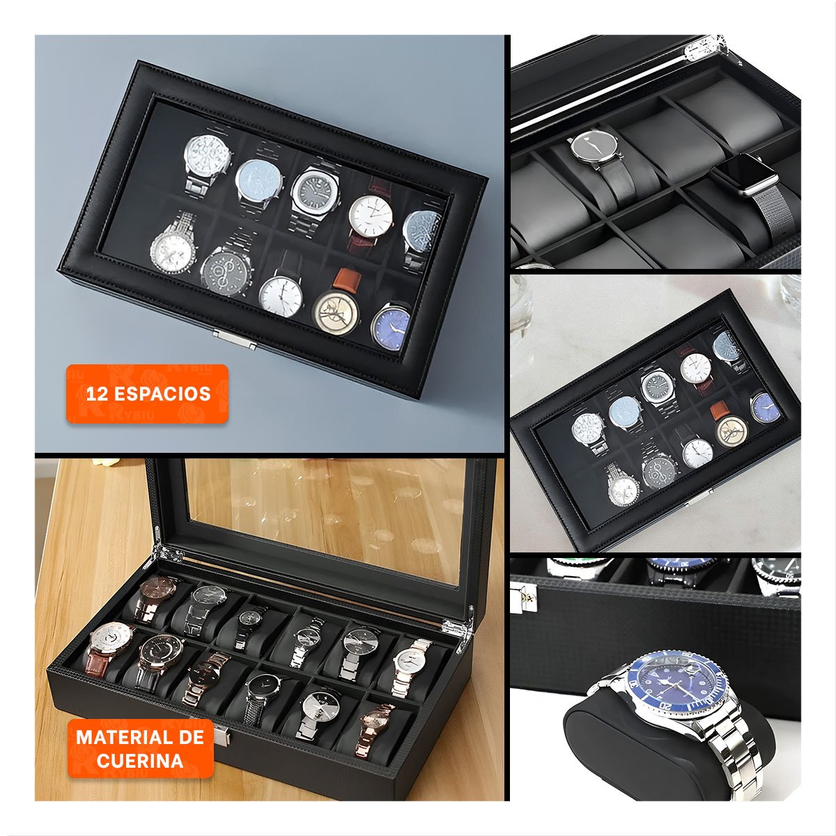 ESTUCHE DE 12 RELOJES NEGRO COMPLETO CON BASE FIRME - 5