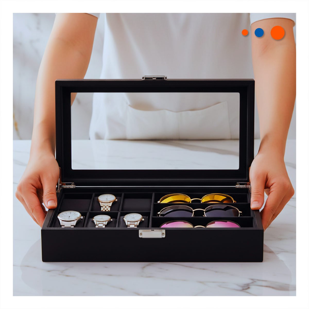 PACK4 VITRINA PARA 6 RELOJES Y 3 LENTES NEGRO COMPLETO PARA ESCRITORIO Y+PAPEL REGALO - 2