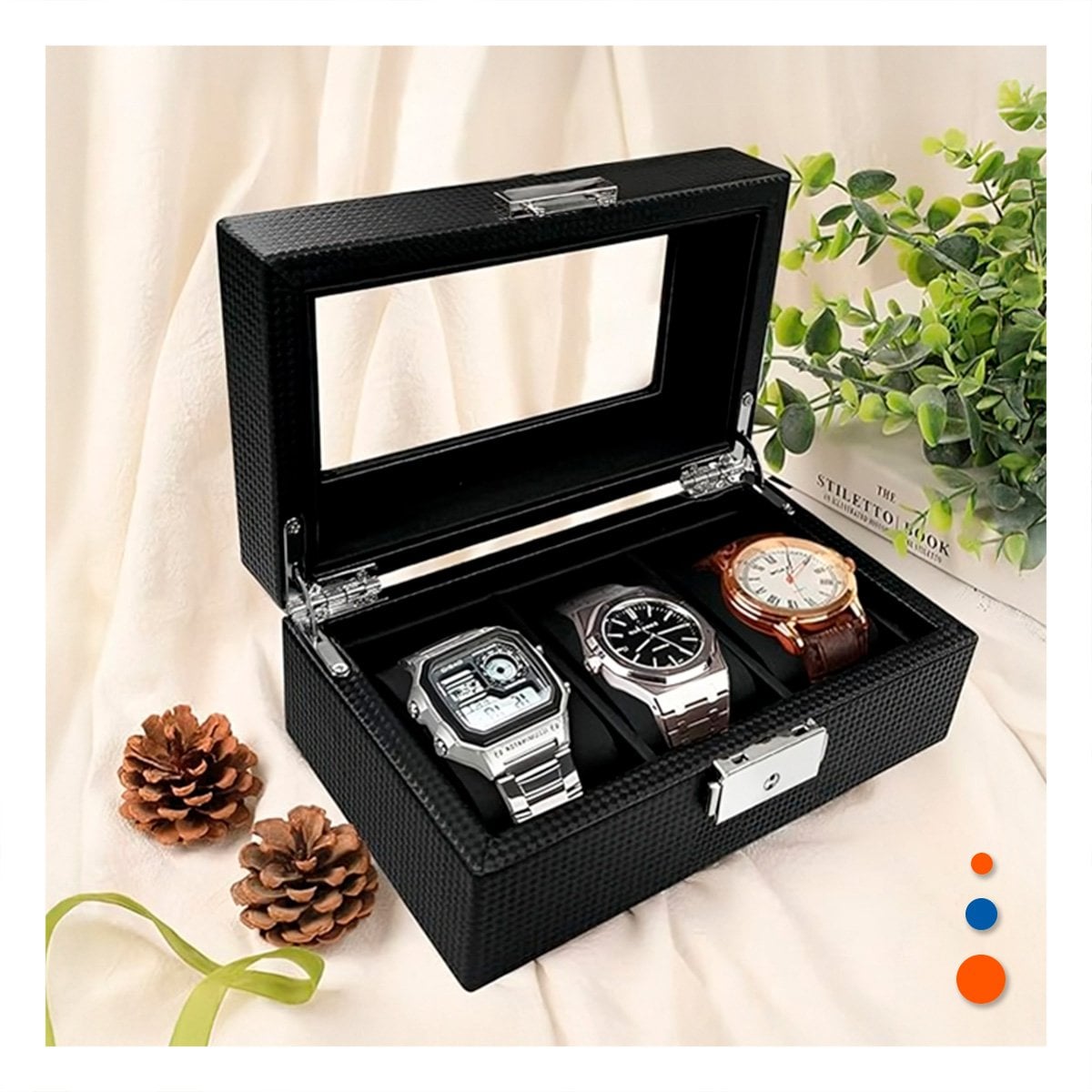 ORGANIZADOR COMPACTO PARA 3 RELOJES CON ACABADO ELEGANTE COMPLETO Y+LIGAS REGALO - 1