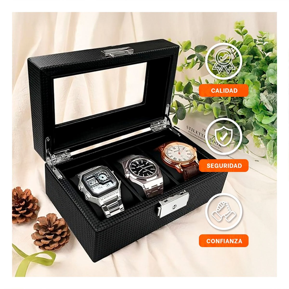 ORGANIZADOR COMPACTO PARA 3 RELOJES CON ACABADO ELEGANTE COMPLETO Y+LIGAS REGALO - 2