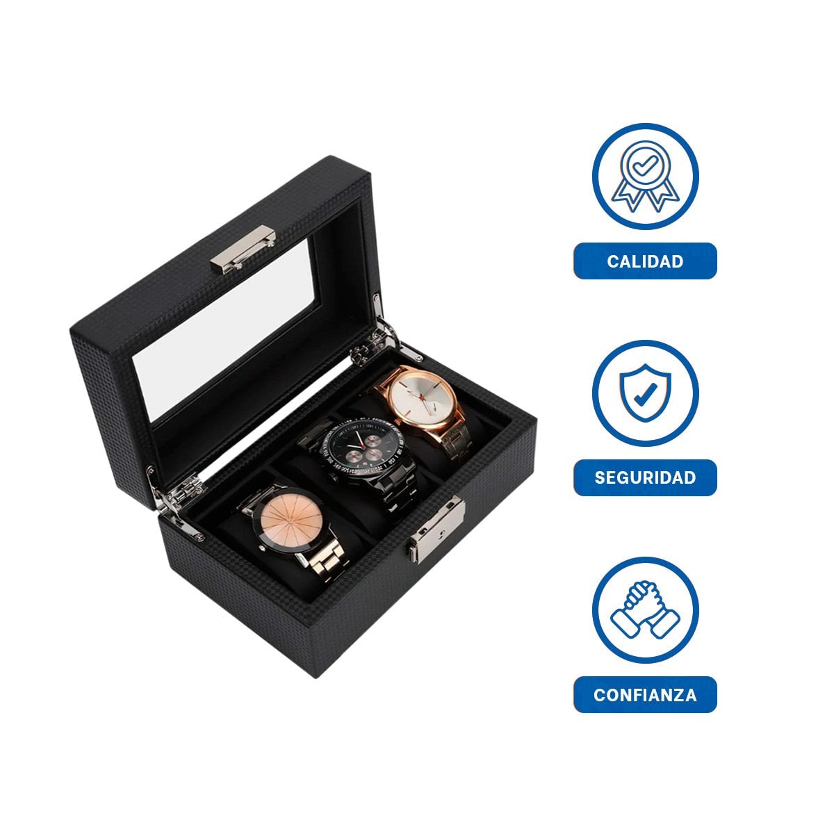 ORGANIZADOR COMPACTO PARA 3 RELOJES CON ACABADO ELEGANTE COMPLETO Y+LIGAS REGALO - 3
