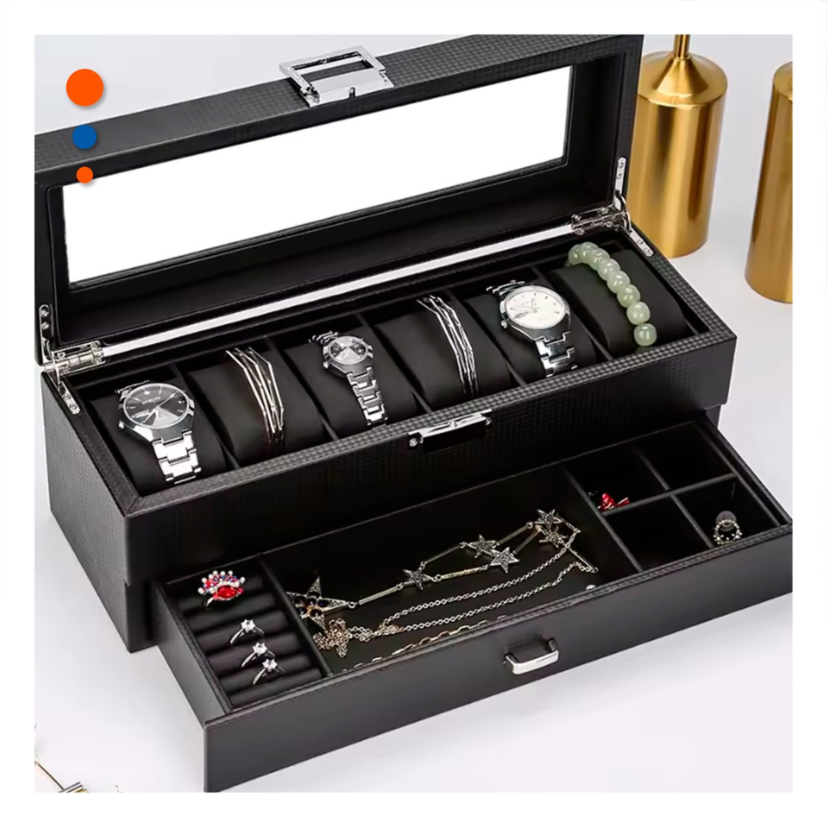 PACK2 ALMACENADOR PORTA RELOJES Y ACCESORIOS NEGRO 2 NIVELES COMPLETO - 2