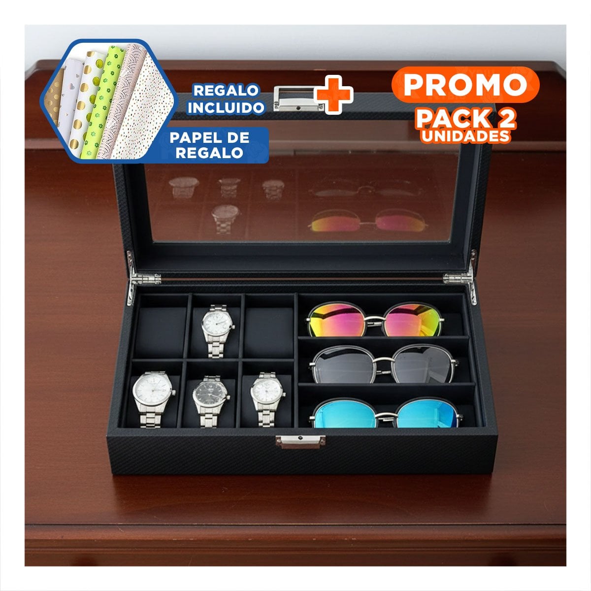 PACK2 ESTUCHE PARA 6 RELOJES Y 3 LENTES NEGRO COMPLETO CON CIERRE SEGURO Y+PAPEL REGALO - 1
