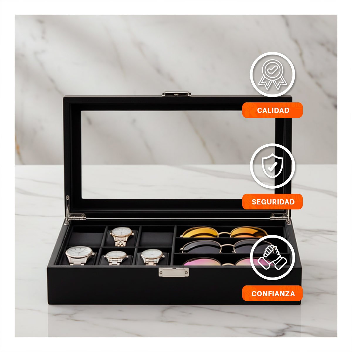 PACK2 ESTUCHE PARA 6 RELOJES Y 3 LENTES NEGRO COMPLETO CON CIERRE SEGURO Y+PAPEL REGALO - 5