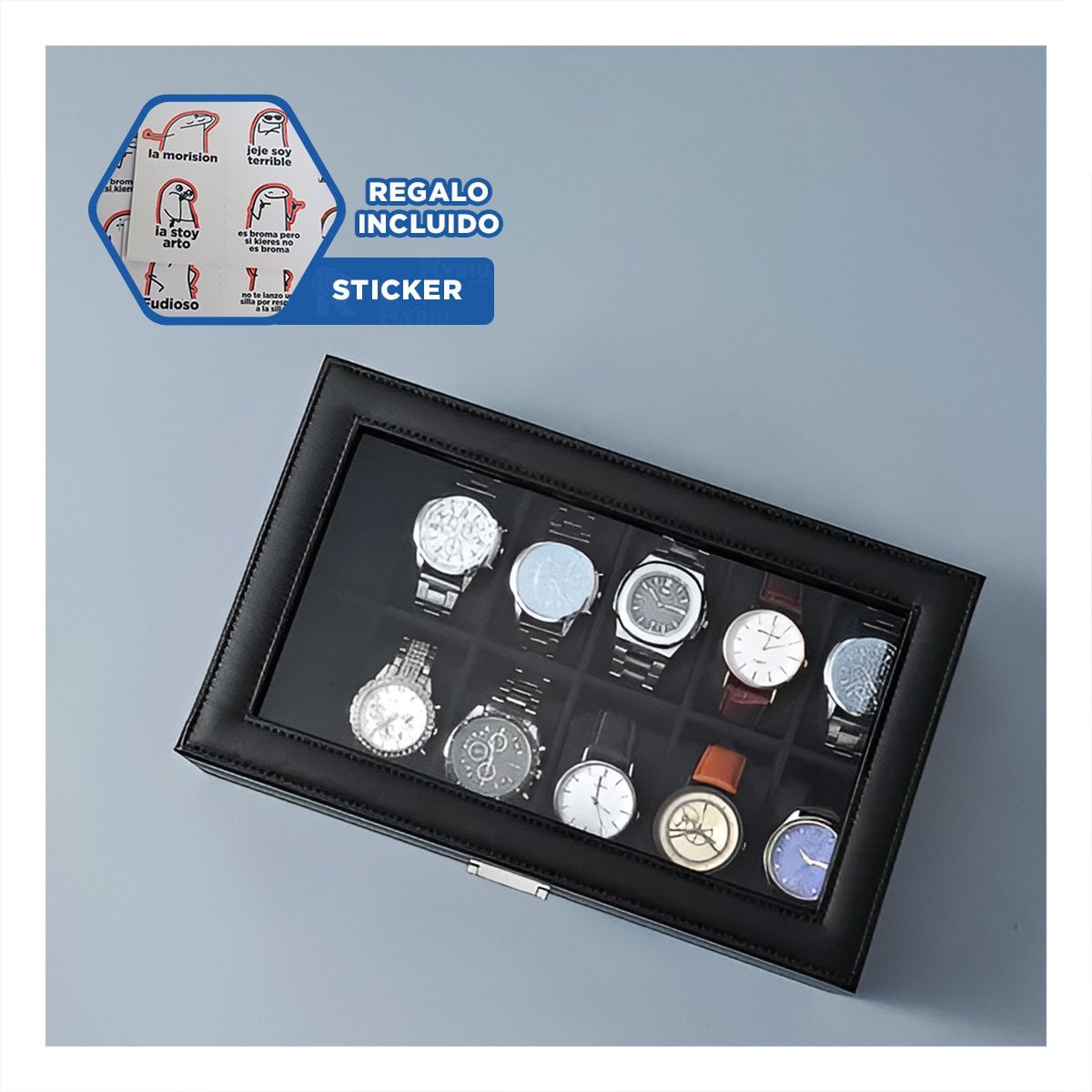EXHIBIDOR DE 12 RELOJES NEGRO COMPLETO CON ESPACIOS AMPLIOS Y+REGALO STICKER - 1