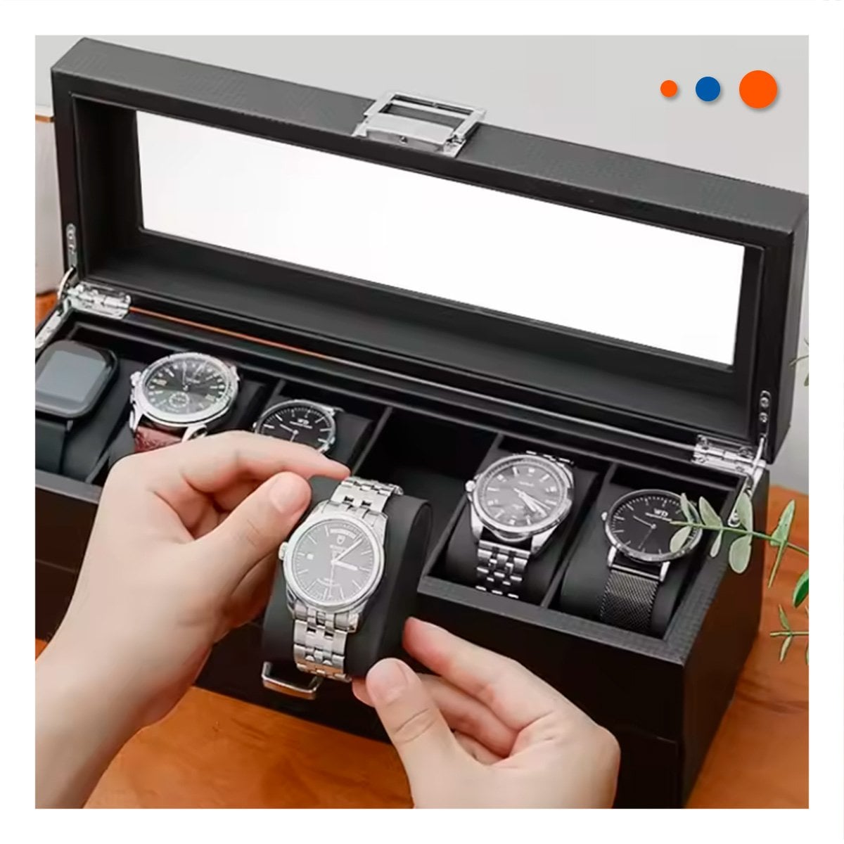 CONTENEDOR DE RELOJES Y ACCESORIOS NEGRO 2 NIVELES COMPLETO - 2