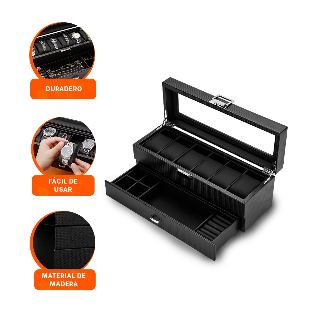 CONTENEDOR DE RELOJES Y ACCESORIOS NEGRO 2 NIVELES COMPLETO - 3