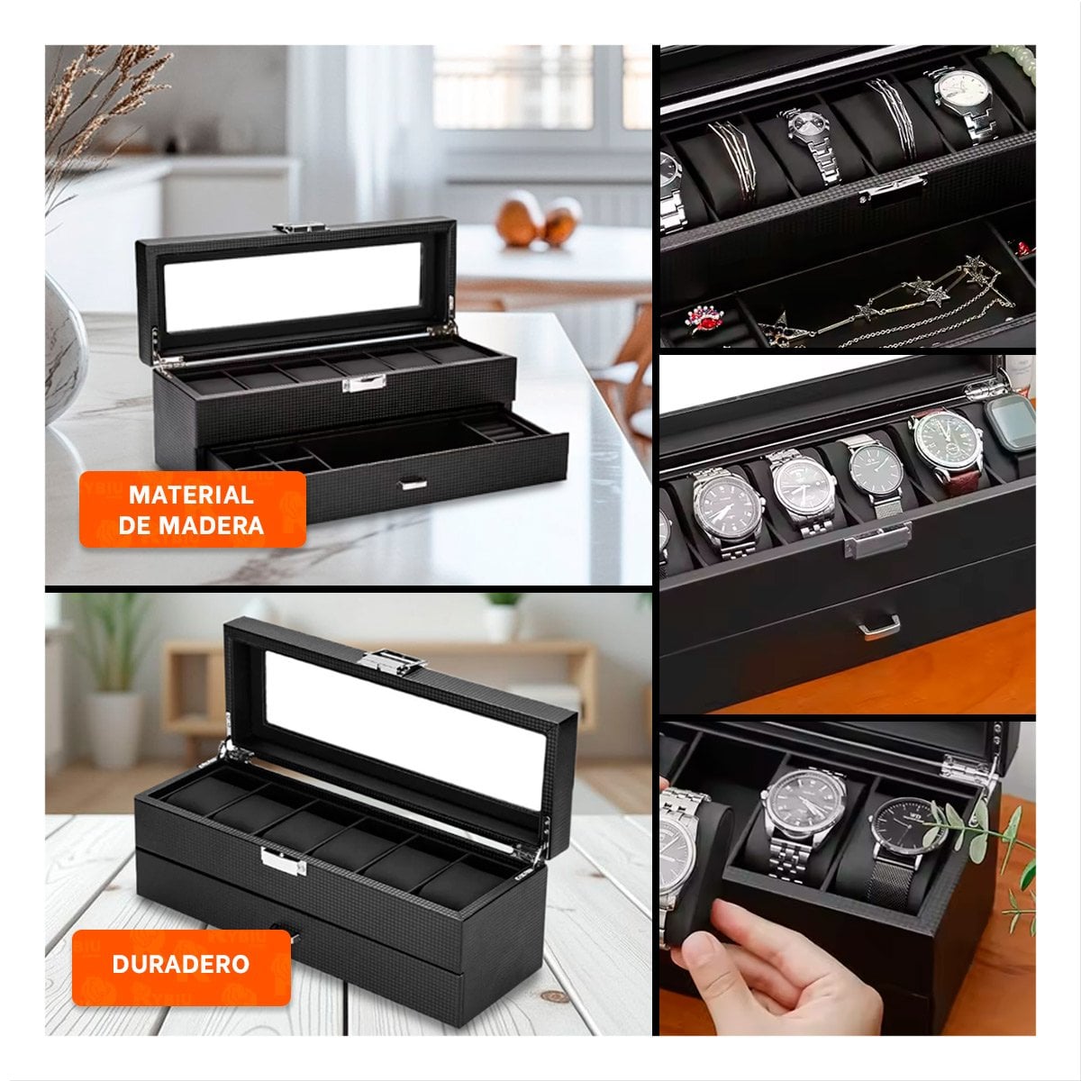 CONTENEDOR DE RELOJES Y ACCESORIOS NEGRO 2 NIVELES COMPLETO - 5