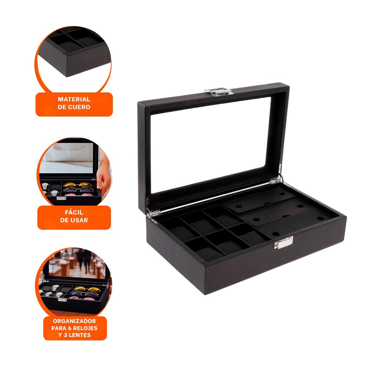 EXHIBIDOR PORTA 6 RELOJES Y 3 LENTES NEGRO COMPLETO PARA COLECCION Y+LIGAS REGALO - 3