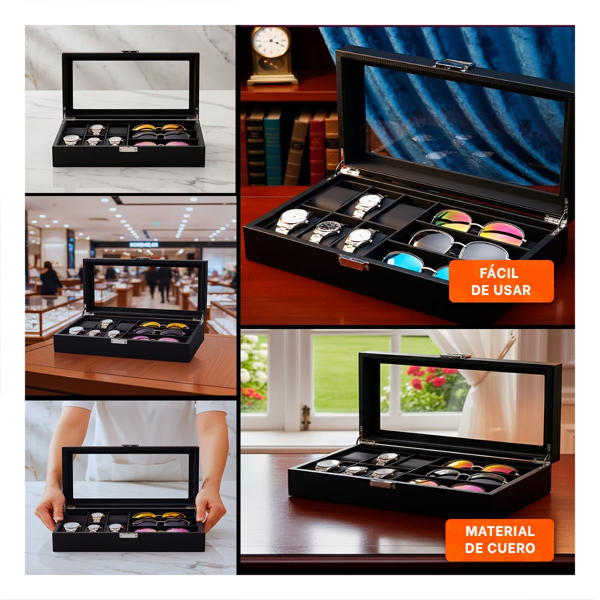 EXHIBIDOR PORTA 6 RELOJES Y 3 LENTES NEGRO COMPLETO PARA COLECCION Y+LIGAS REGALO - 5