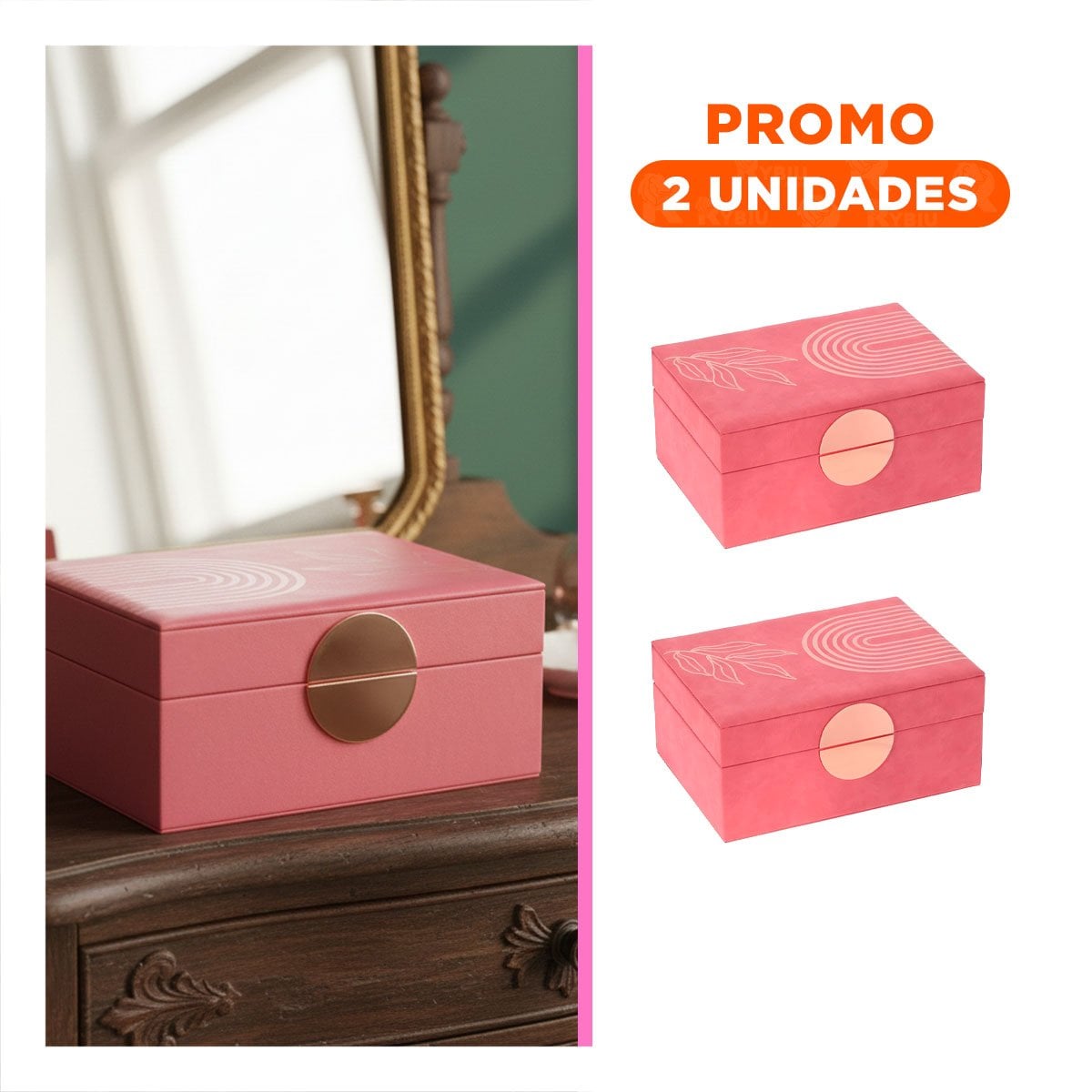 PACK2 COFRE MODERNO 2 NIVELES 24,5X18X11 CM ROSADO CON DETALLES DORADOS - 1