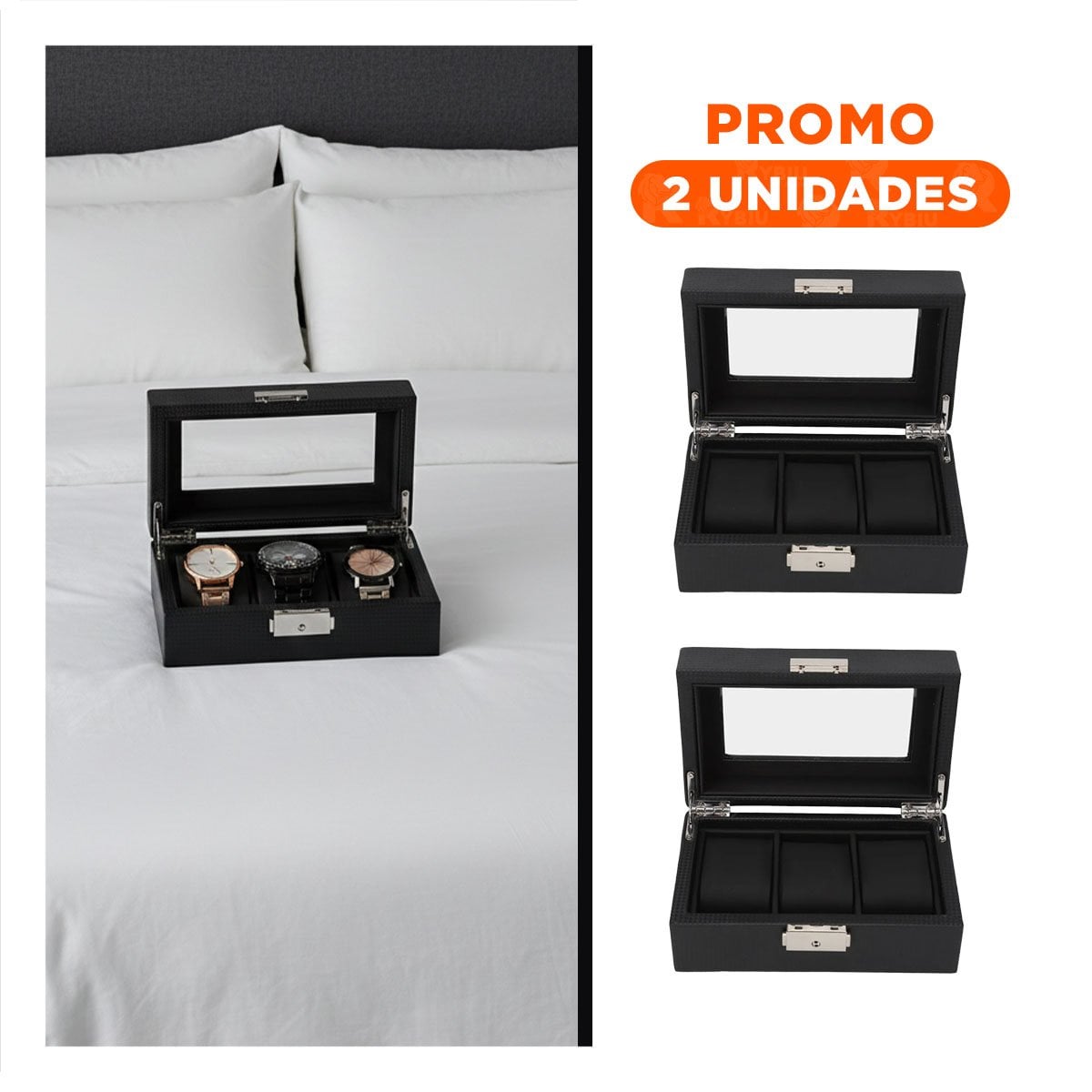 PACK2 CAJA COMPACTA PARA 3 RELOJES CON INTERIOR ACOLCHADO COMPLETO - 1