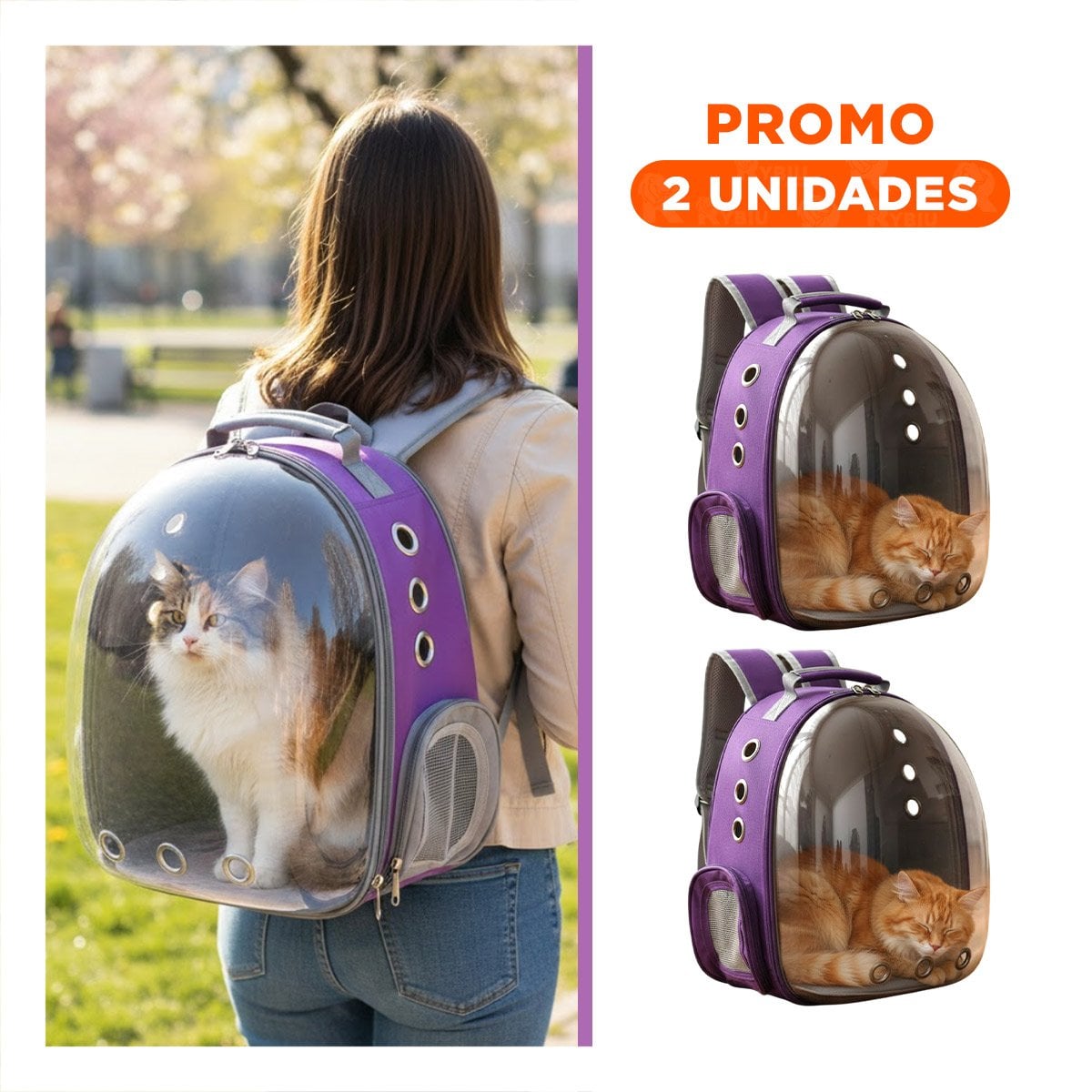 PACK2 CARRIER EXPANDIBLE PARA GATO EN MORADO CON BURBUJA TRANSPARENTE Y PANEL VENTILADO - 1