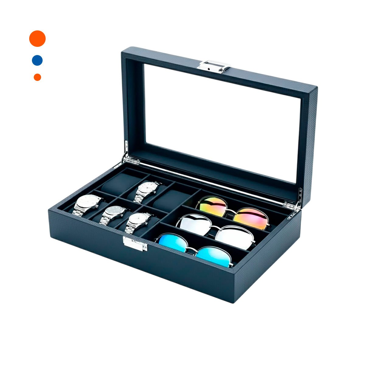 ESTUCHE PORTA 6 RELOJES Y 3 LENTES NEGRO COMPLETO CON INTERIOR ACOLCHADO Y+PAPEL REGALO - 1