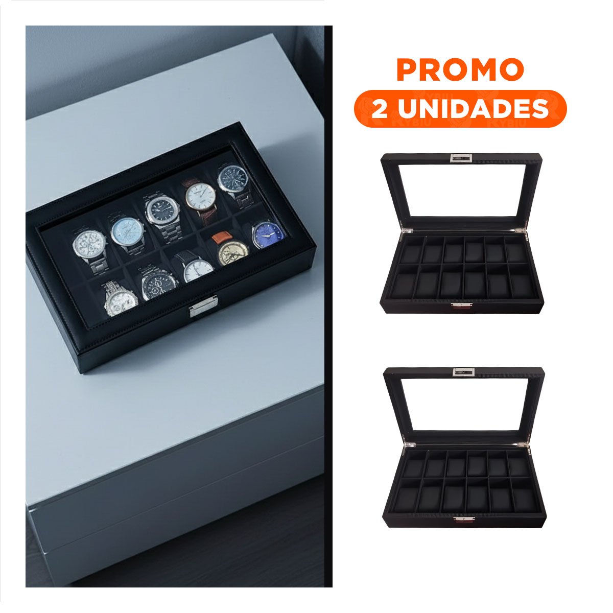 PACK2 ESTUCHE NEGRO COMPLETO PORTA 12 RELOJES CON FORRO SUAVE - 1