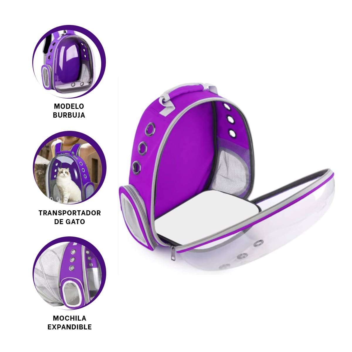 MOCHILA BURBUJA EXPANDIBLE PARA GATO EN MORADO CON ESPACIO AMPLIO Y BASE ESTABLE - 3