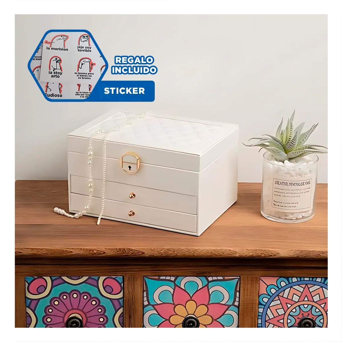GUARDAJOYAS CON ESPEJO 3 NIVELES 23X17X13,5 CM BLANCO Y+REGALO STICKER - 1