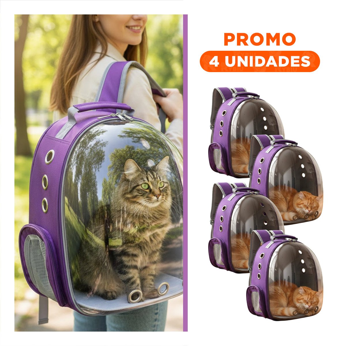 PACK4 MORRAL EXPANDIBLE PARA GATO EN MORADO CON BURBUJA VISIBLE Y SOPORTE Y+REGALO STICKER - 1
