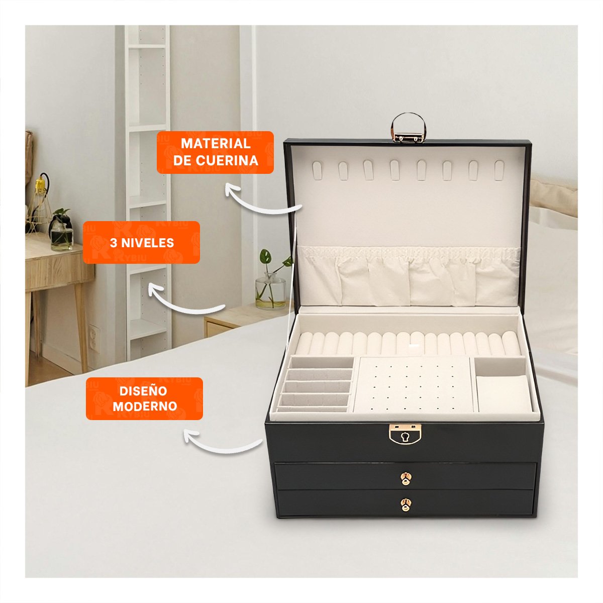 ESTUCHE ELEGANTE NEGRO 3 NIVELES 23X17X13,5 CM CON DISENO MODERNO - 3