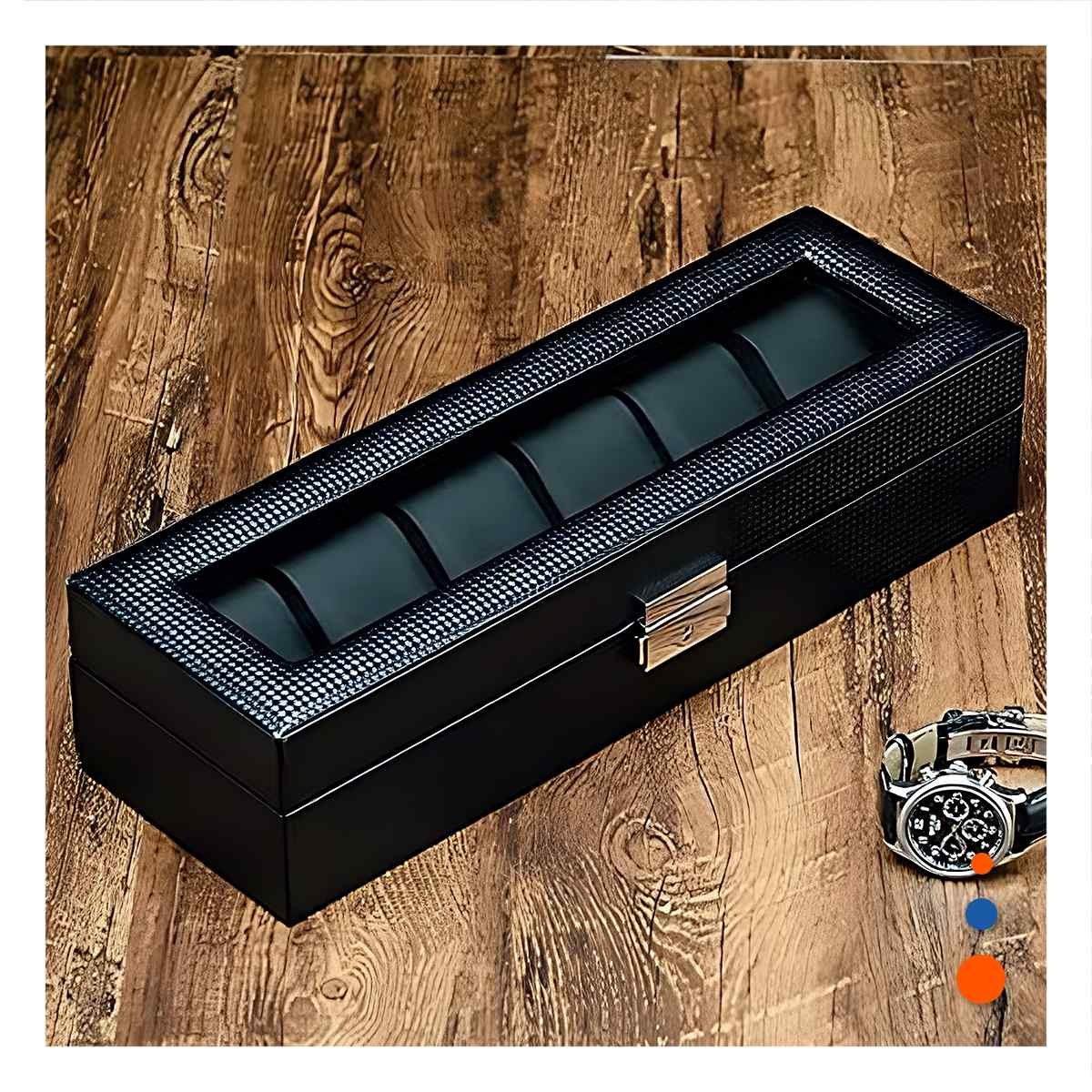 GUARDADOR PORTA RELOJES NEGRO CON 6 DIVISIONES COMPLETO Y+LIGAS REGALO - 1