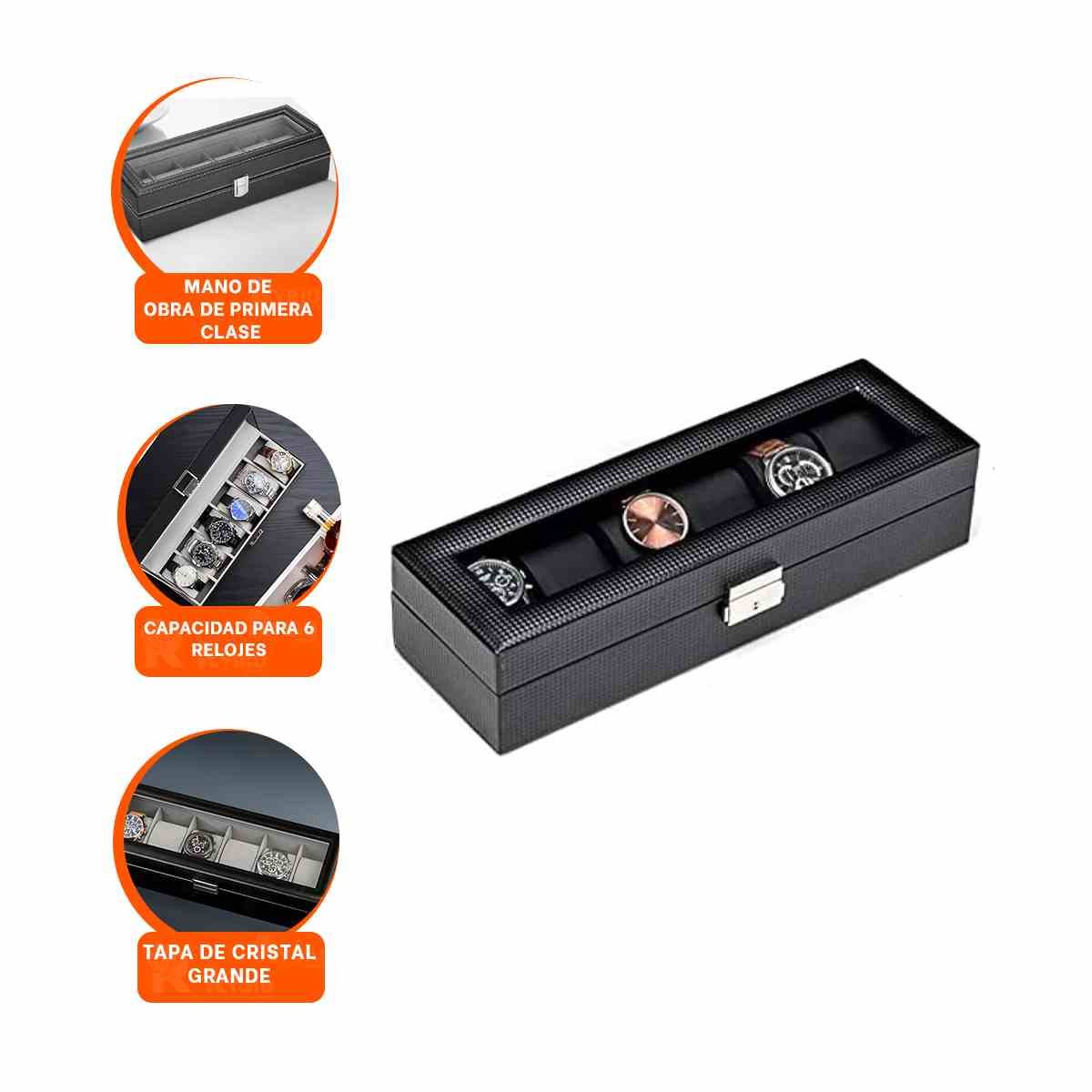 GUARDADOR PORTA RELOJES NEGRO CON 6 DIVISIONES COMPLETO Y+LIGAS REGALO - 3