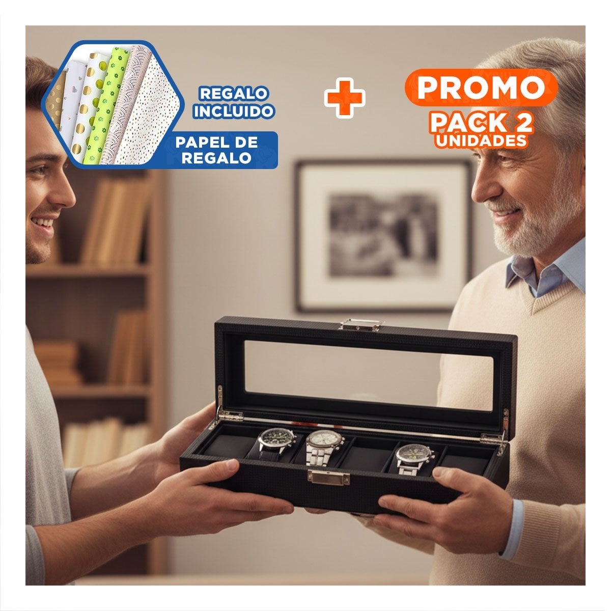 PACK2 CONTENEDOR PORTA RELOJES NEGRO CON TAPA TRANSPARENTE COMPLETO Y+PAPEL REGALO - 1