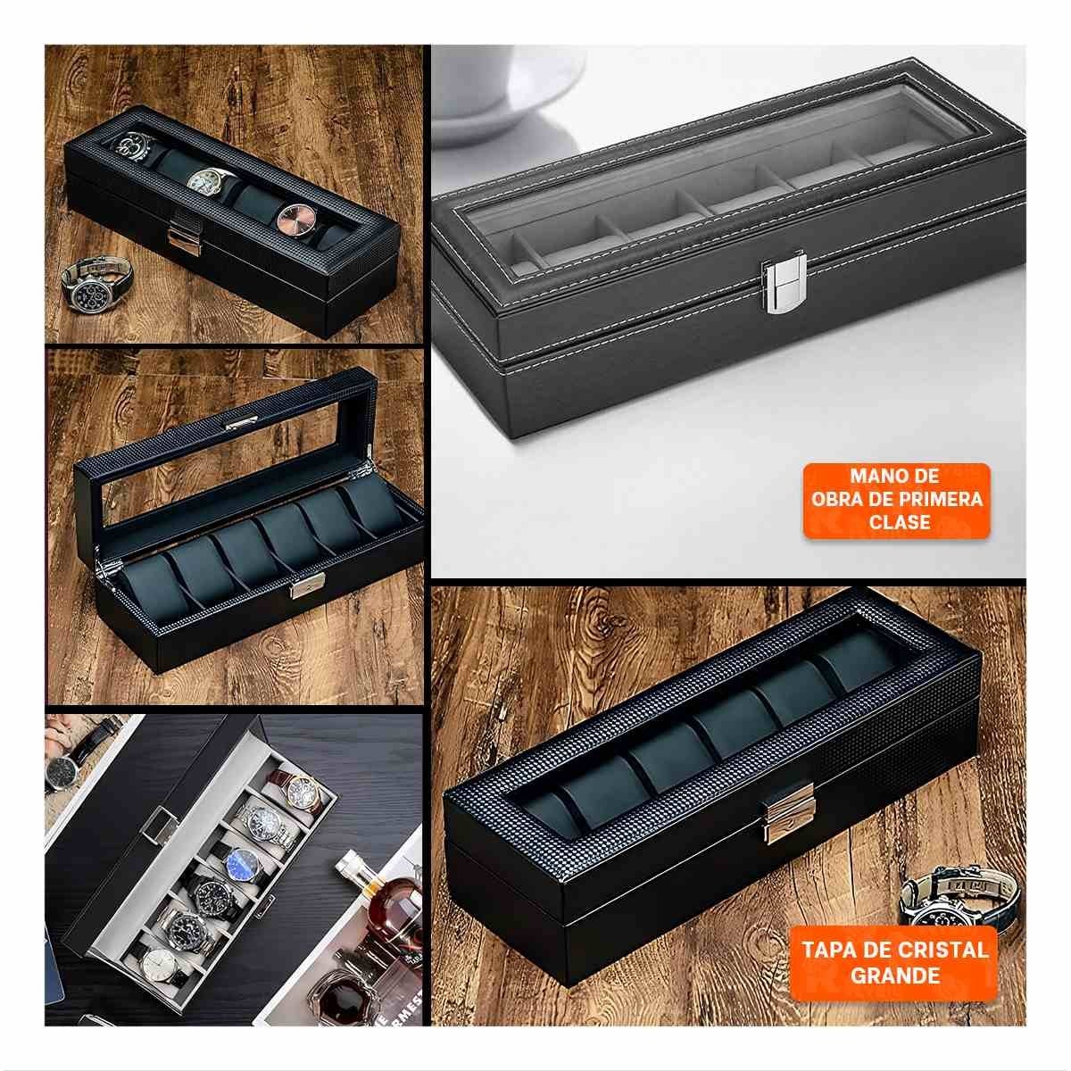 PACK2 CONTENEDOR PORTA RELOJES NEGRO CON TAPA TRANSPARENTE COMPLETO Y+PAPEL REGALO - 3