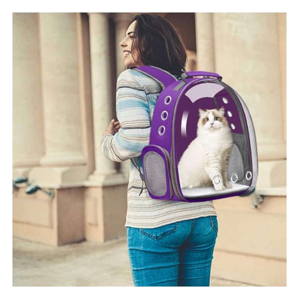 PACK2 CARRIER MODERNO PARA GATO EN MORADO CON CAPSULA FRONTAL Y+REGALO STICKER - 3