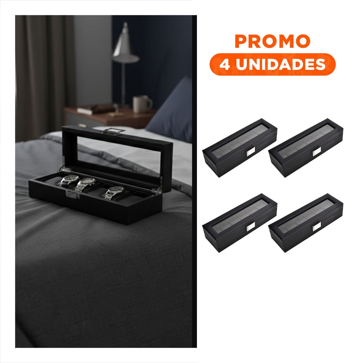 PACK4 EXHIBIDOR COMPACTO NEGRO PARA 6 RELOJES COMPLETO Y+REGALO STICKER - 1