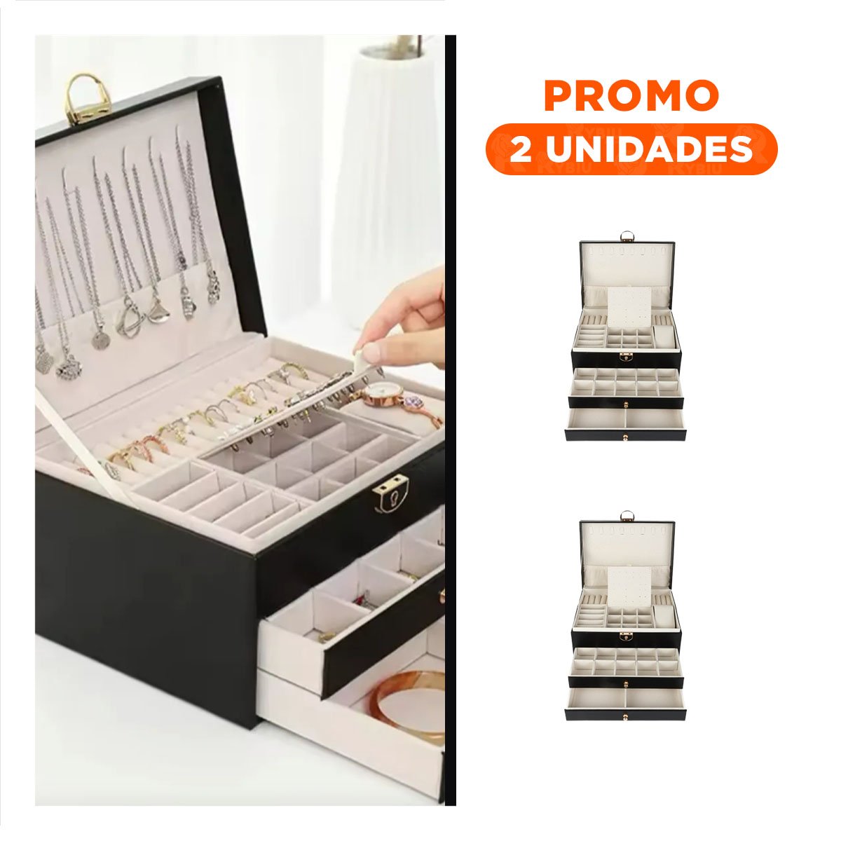PACK2 GUARDAJOYAS MODERNO NEGRO 3 NIVELES 23X17X13,5 CM PARA MUJER - 1