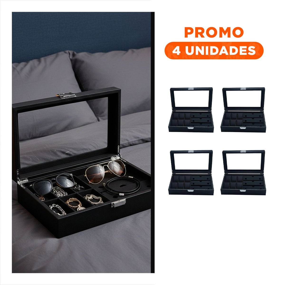 PACK4 ORGANIZADOR DE 6 RELOJES Y 3 LENTES NEGRO COMPLETO ESTILO CLASICO Y+REGALO STICKER - 1