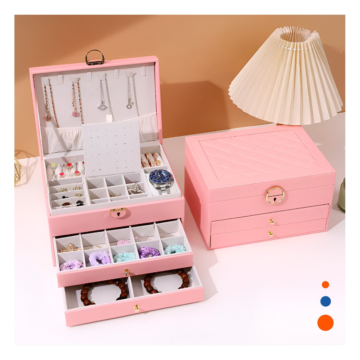 ESTUCHE ELEGANTE ROSADO 3 NIVELES 23X17X13,5 CM CON DISENO MODERNO - 2