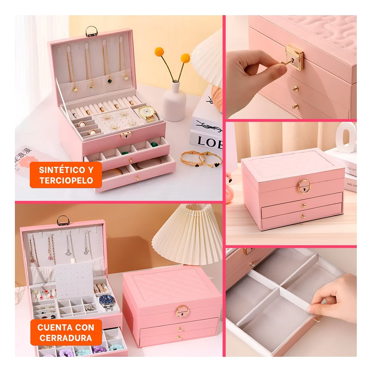 ESTUCHE ELEGANTE ROSADO 3 NIVELES 23X17X13,5 CM CON DISENO MODERNO - 5