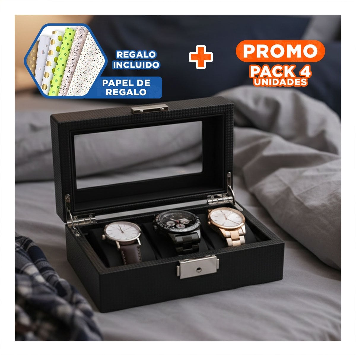 PACK4 ALMACENADOR ELEGANTE PARA 3 RELOJES CON INTERIOR SUAVE COMPLETO Y+PAPEL REGALO - 1