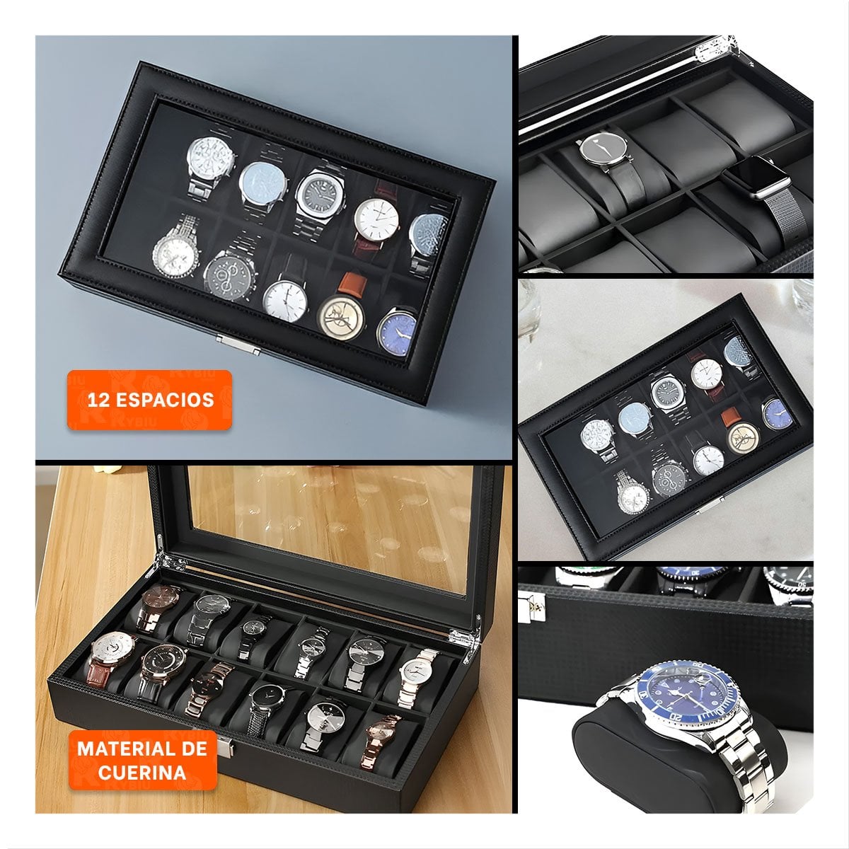 ORGANIZADOR NEGRO COMPLETO PORTA 12 RELOJES CON TAPA Y+POST IT - 5