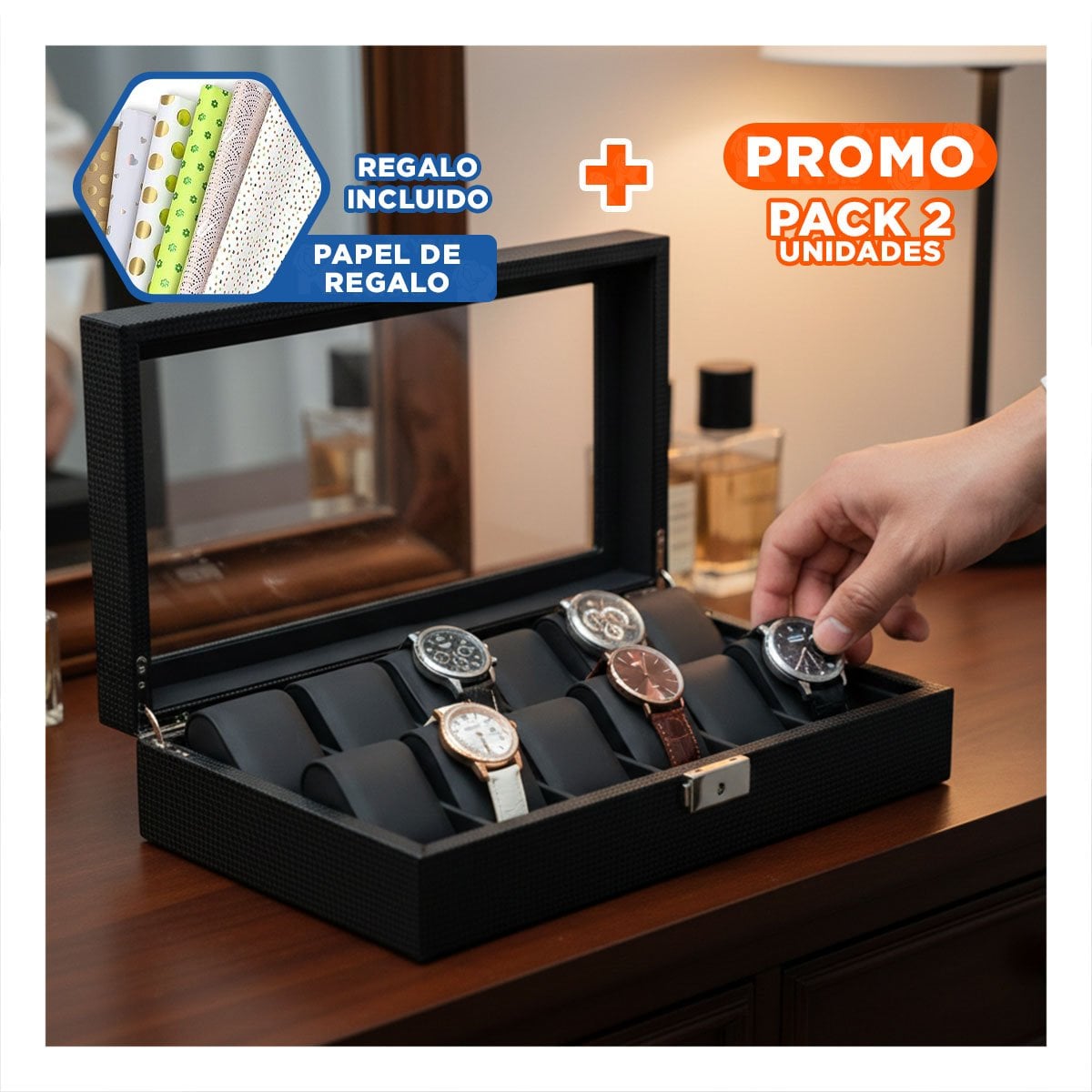 PACK2 CAJA NEGRA COMPLETO PORTA 12 RELOJES CON COMPARTIMENTOS Y+PAPEL REGALO - 1