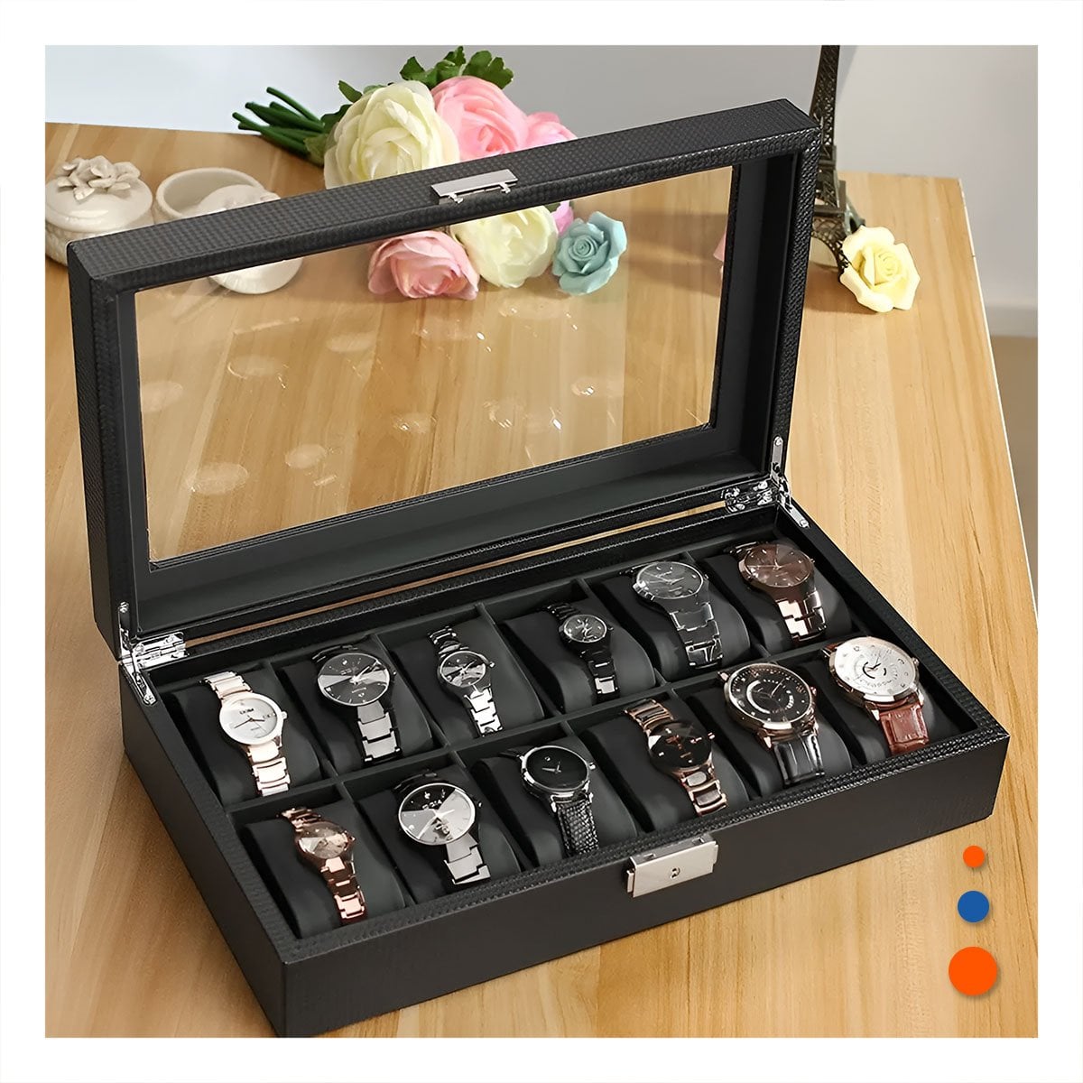 PACK2 CAJA NEGRA COMPLETO PORTA 12 RELOJES CON COMPARTIMENTOS Y+PAPEL REGALO - 2