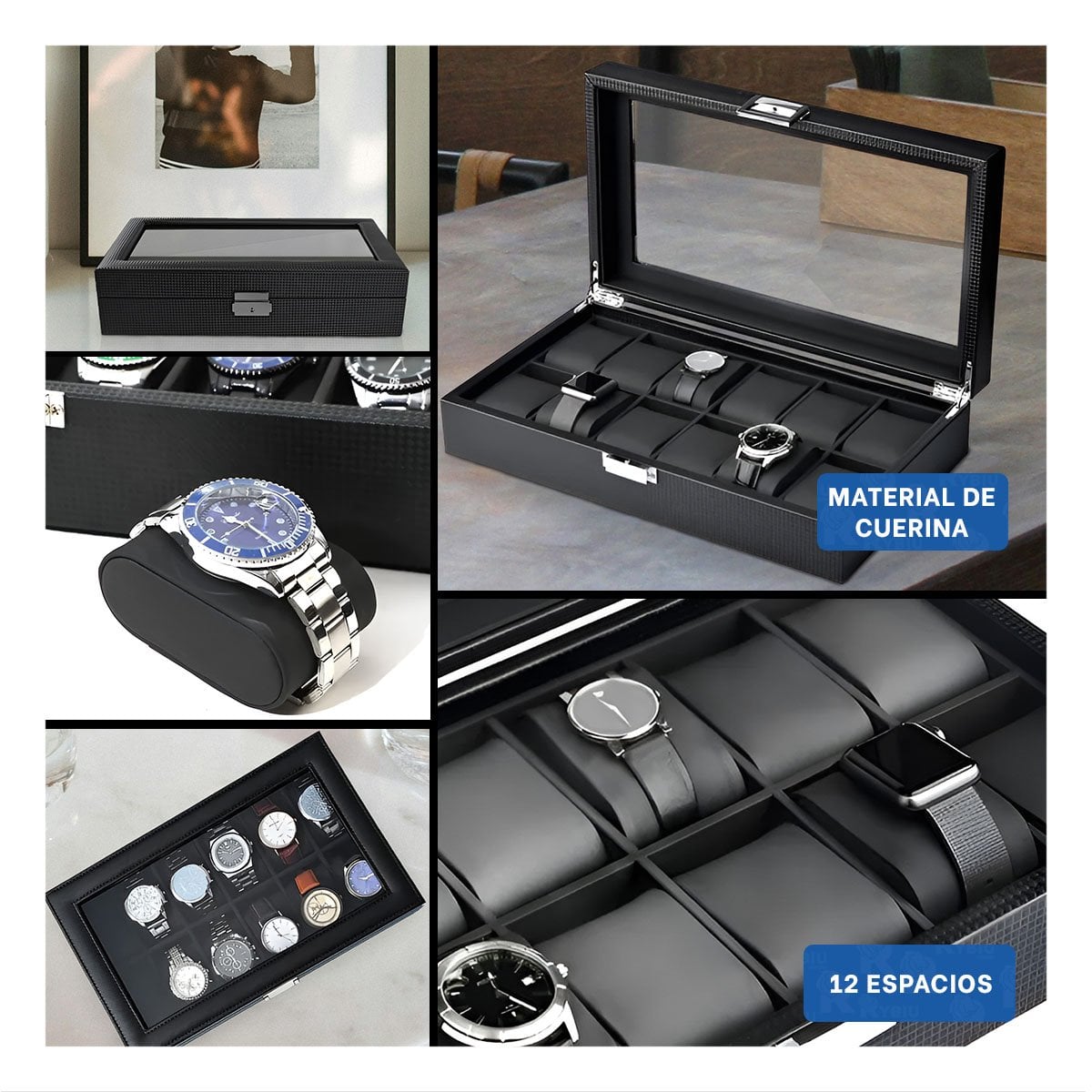 PACK2 CAJA NEGRA COMPLETO PORTA 12 RELOJES CON COMPARTIMENTOS Y+PAPEL REGALO - 3