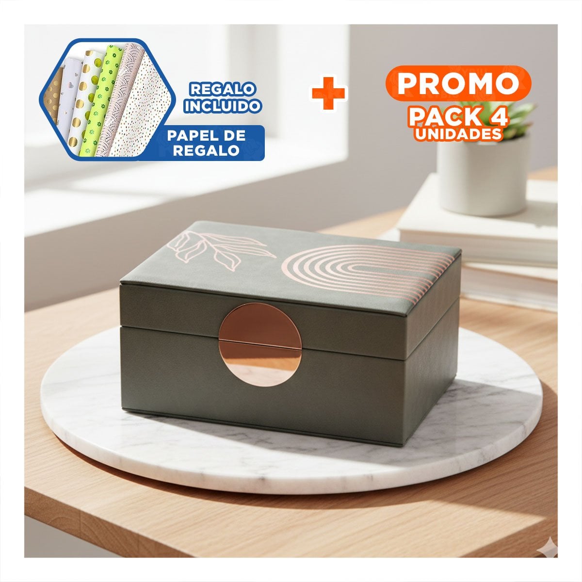 PACK4 ORGANIZADOR PRACTICO 2 NIVELES 24,5X18X11 CM VERDE CON DETALLES DORADOS Y+PAPEL REGALO - 1