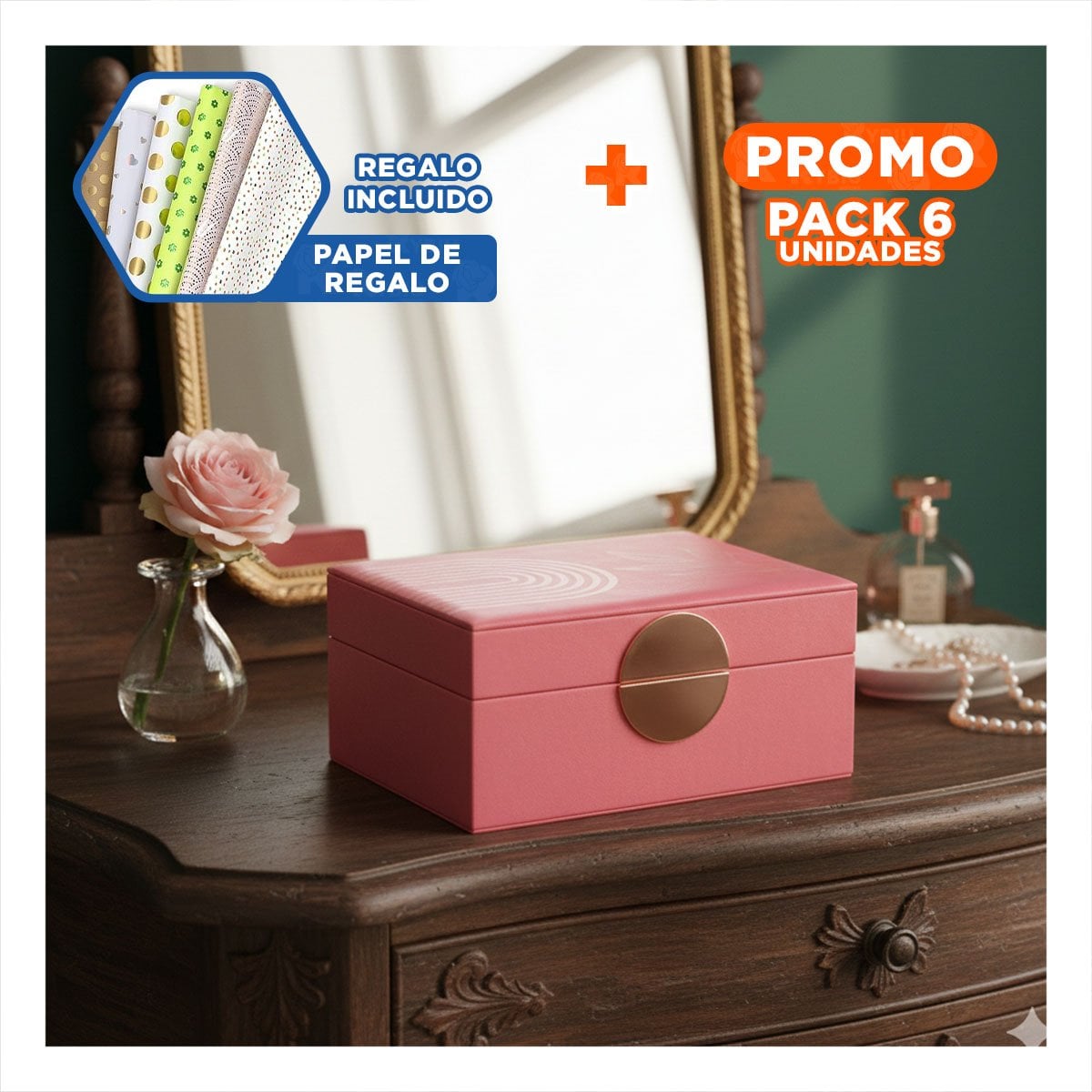 PACK6 CAJA PRACTICA 2 NIVELES 24,5X18X11 CM ROSADO CON DETALLES DORADOS Y+PAPEL REGALO - 1