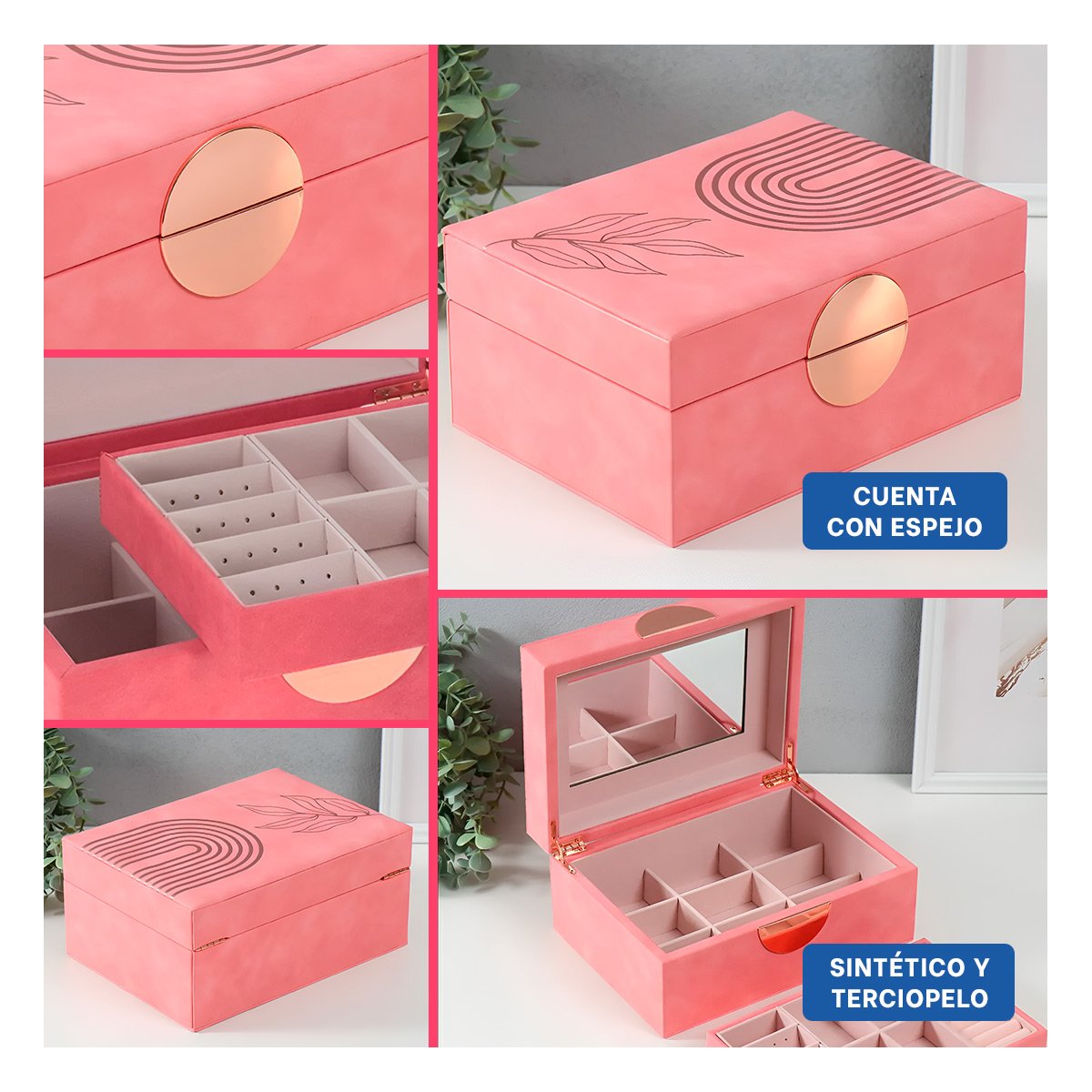 PACK6 CAJA PRACTICA 2 NIVELES 24,5X18X11 CM ROSADO CON DETALLES DORADOS Y+PAPEL REGALO - 3