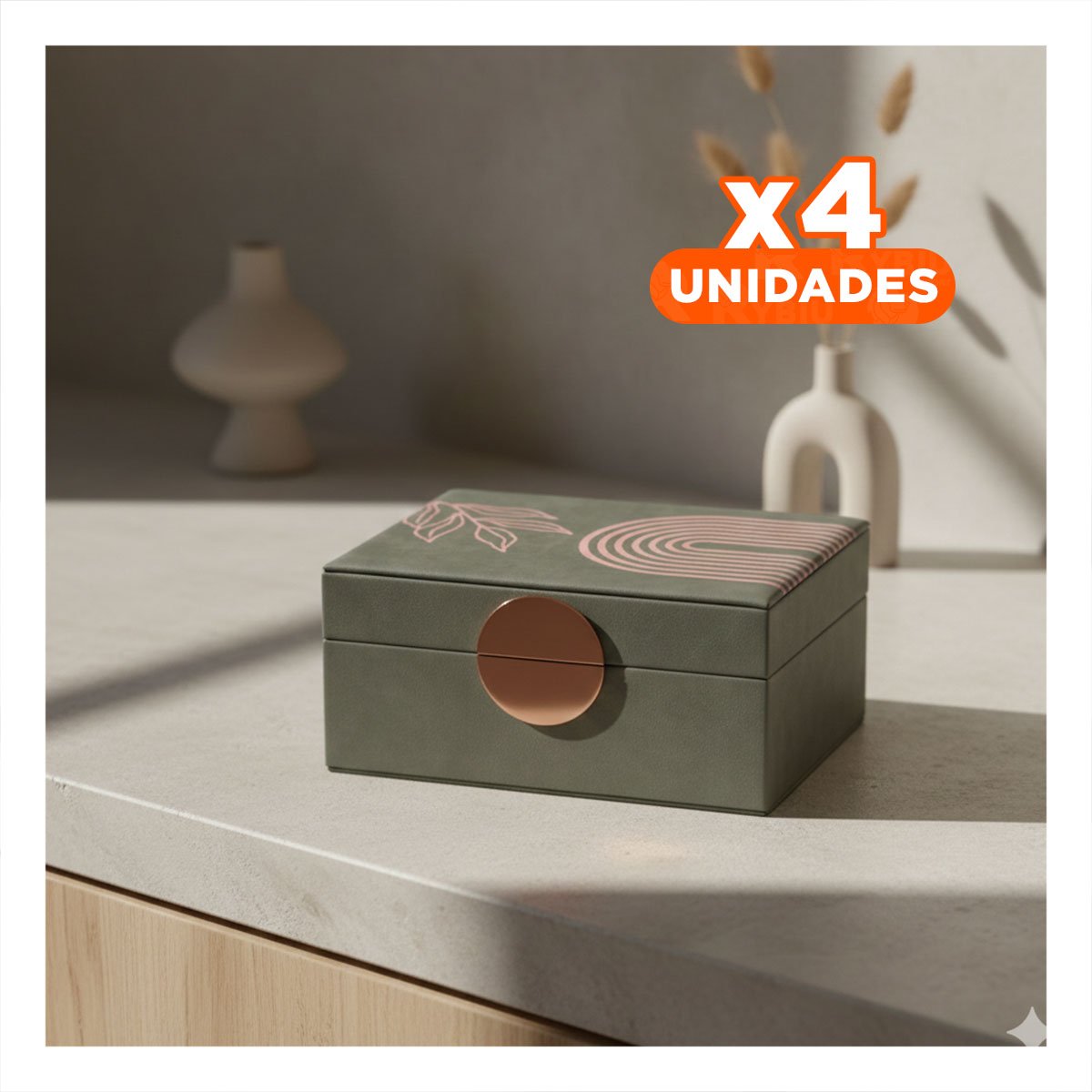 PACK4 CONTENEDOR MODERNO 2 NIVELES 24,5X18X11 CM VERDE CON DETALLES DORADOS - 1
