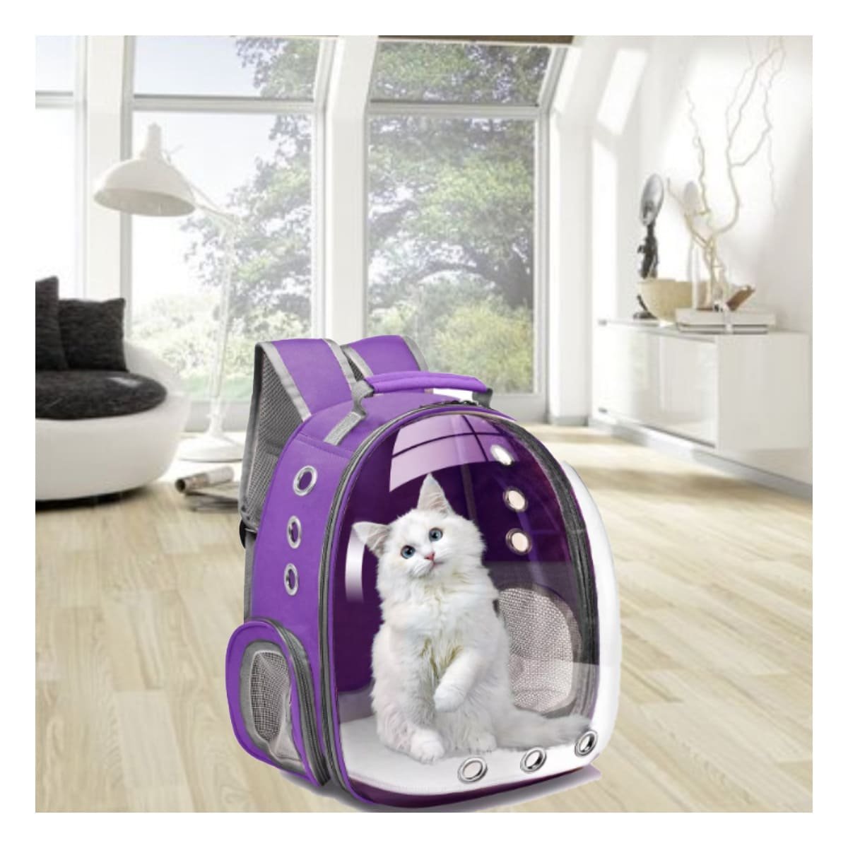 MOCHILA EXPANDIBLE PARA GATO EN MORADO CON BURBUJA TRANSPARENTE Y SOPORTE SEGURO Y+PAPEL REGALO - 2