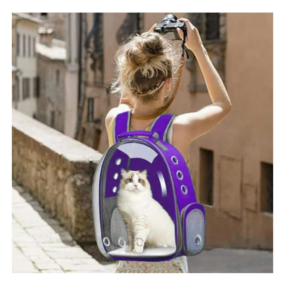 MOCHILA EXPANDIBLE PARA GATO EN MORADO CON BURBUJA TRANSPARENTE Y SOPORTE SEGURO Y+PAPEL REGALO - 5
